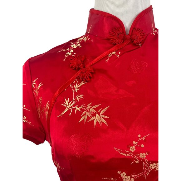 Vintage Y2K 90s DiYuange Red Satin Gold Floral Embroidered Cheongsam Qipao Dress - Picture 3 of 16
